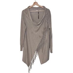 REPEAT Cotton Blend Cardigan With Asymmetric Front With Fringe Womens M